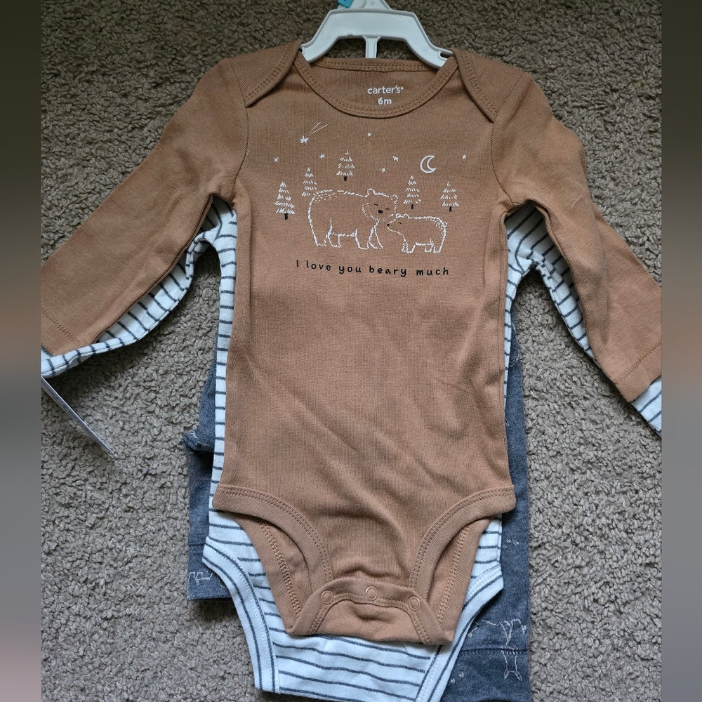 Carter's 3 Piece Set Brown Bear Bodysuit Onesie Pants New 6 Months Baby NWT